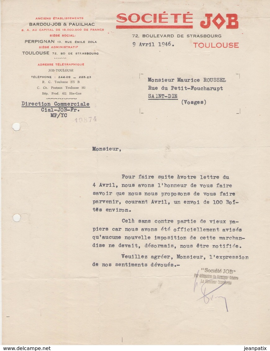 Facture Lettre (1946) - Sté JOB Papier à CIGARETTES - TOULOUSE - 1900 – 1949