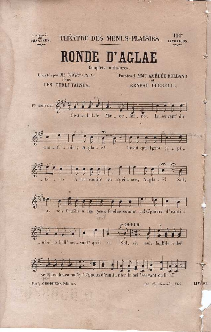 CAF CONC HUMOUR MILITARIA PARTITION XIX LA RONDE D'AGLAÉ LES TURLUTAINES ROLLAND DUBREUIL 1867 PAUL GINET MENUS-PLAISIRS - Other & Unclassified