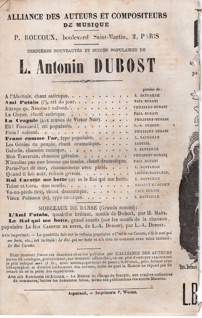 CAF CONC OFFENBACH SARDOU CENSURE PARTITION XIX LE ROI CAROTTE QUI ME BOTTE BATTAILLE DUBOST PERRIN FLAIRE DUHEM 1872 IL - Other & Unclassified