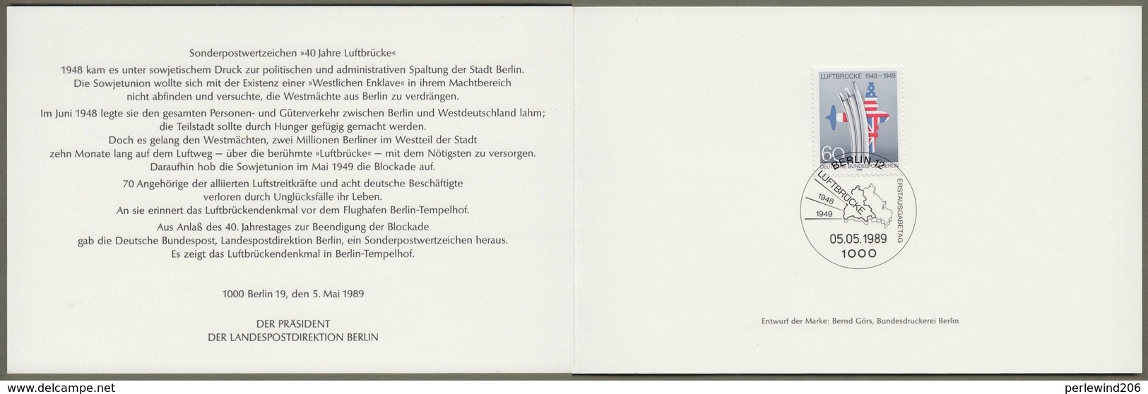 Berlin: Minister Card - Ministerkarte Typ 3L, Mi-Nr. 842 ESST : " 40 Jahre Luftbrücke " Rarität !  X - Brieven En Documenten