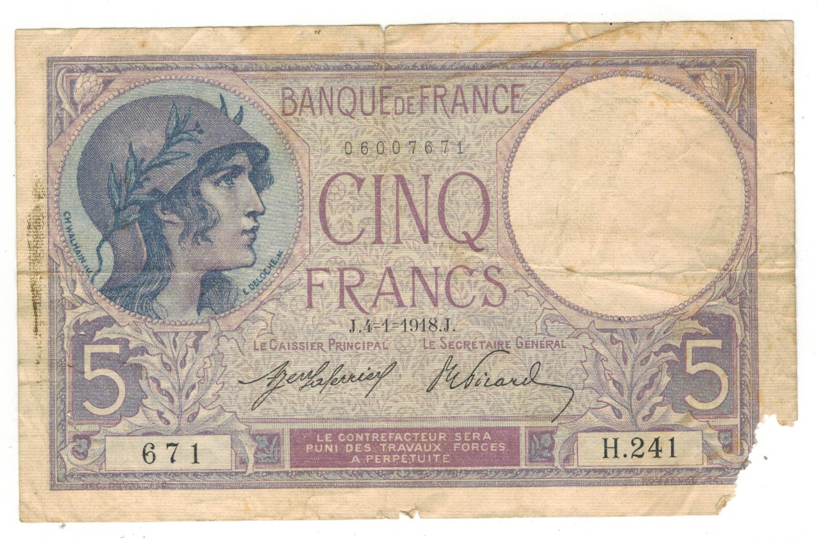 France, 5 Fr. 1918, G/VG, See Scan. - 5 F 1917-1940 ''Violet''