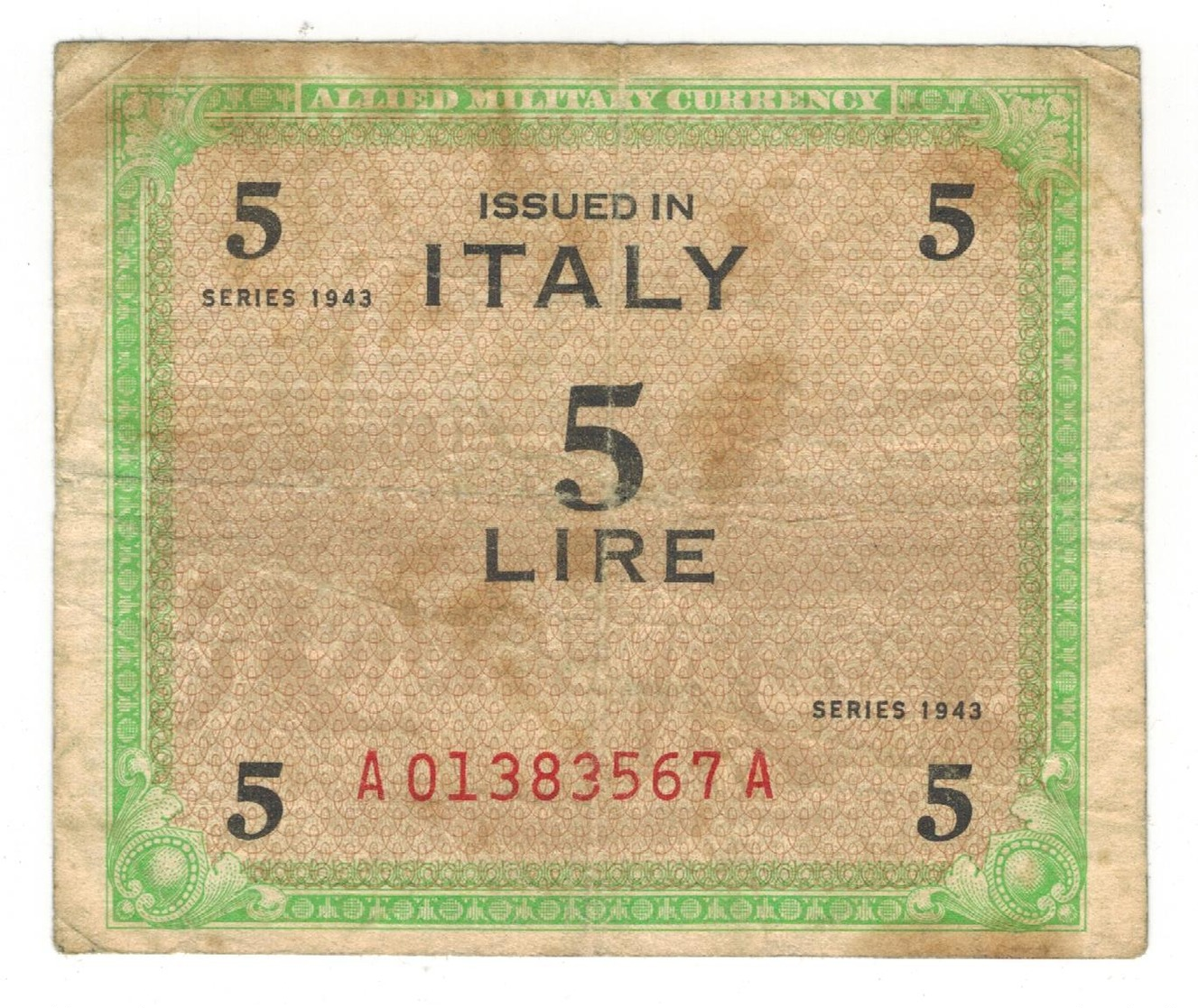 Italy, Allied Military Currency, 5 Lire, 1943, F. - Geallieerde Bezetting Tweede Wereldoorlog