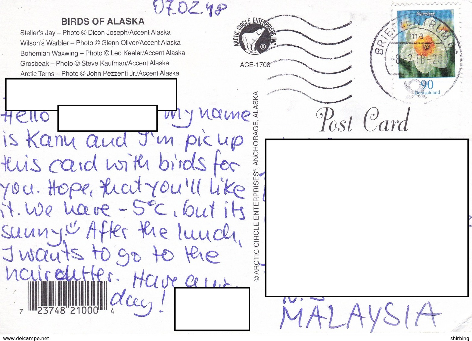 22C : Germany Flower Stamp Used On Birds Of Alaska Postcard - Covers & Documents