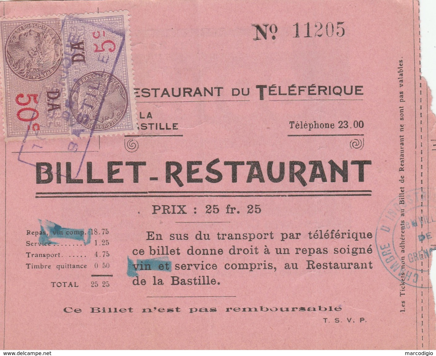 FISCAL 5+50C -YT 173+183 BILLET RESTAURANT TELEFERIQUE LA BASTILLE GRENOBLE + PUB BONAL VIN -               TDA270 - Autres & Non Classés