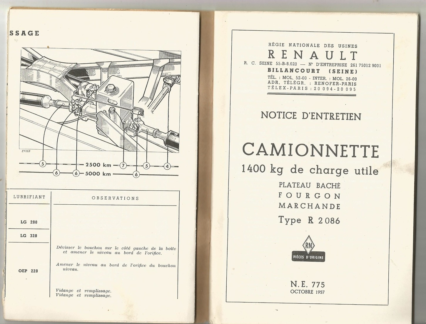 Notice  D Entretien Camionnette 1400kg  Plateau Baché Type R 2086 Renault 1957 - Véhicules