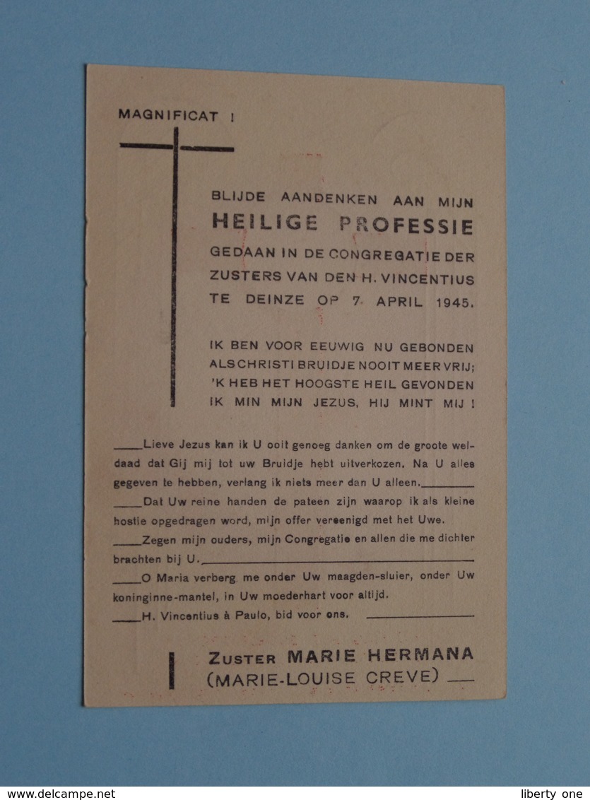 Aandenken HEILIGE PROFESSIE - DEINZE 7 April 1945 ( Zuster Marie HERMANA / CREVE Marie-Louise ( Details - Zie Foto ) ! - Religion & Esotérisme