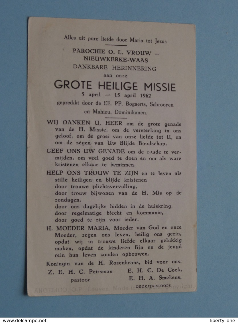 GROTE HEILIGE MISSIE Parochie O.L.V. NIEUWKERKE-WAAS Te April 1962 ( Details - Zie Foto ) ! - Religione & Esoterismo