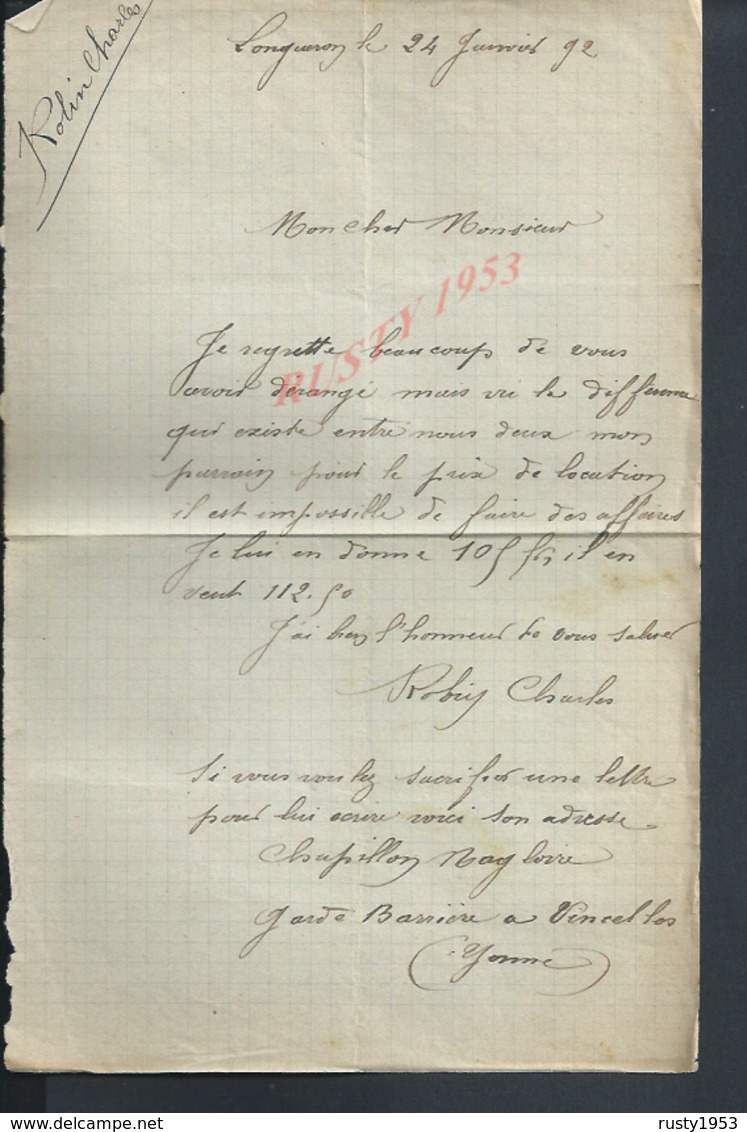 LETTRE DE 1892 DE LONGERON FAMILLE ROBIN CHARLES GARDE BARRIERE À VINCELLES : - Manuscrits