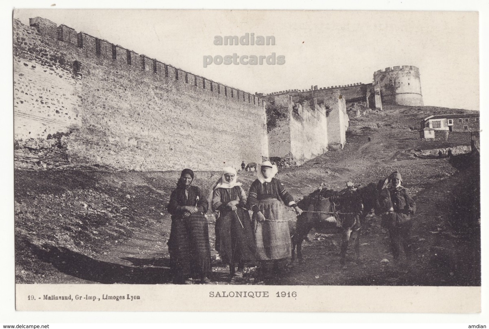 GREECE THESSALONIKI SALONICA, LOCAL WOMEN & DONKEY AT BYZANTINE WALLS, SALONIQUE RAMPARTS C1916 Postcard - Griechenland
