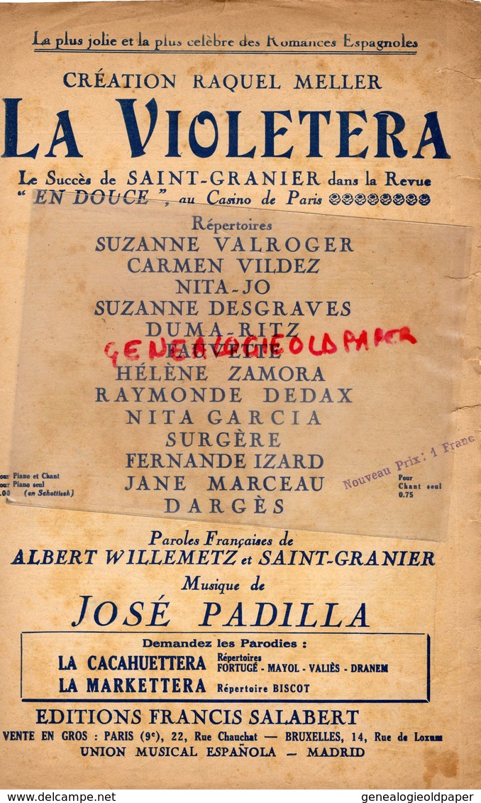PARTITION MUSIQUE-LA VIOLETERA - RAQUEL MELLER- ESPAGNE- SAINT GRANIER AU CASINO DE PARIS-JOSE PADILLA-SALABERT - Scores & Partitions