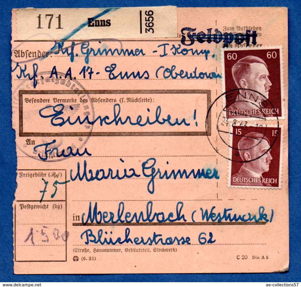 Colis Postal  --  Départ Enns  -  24/8/1943 - Lettres & Documents