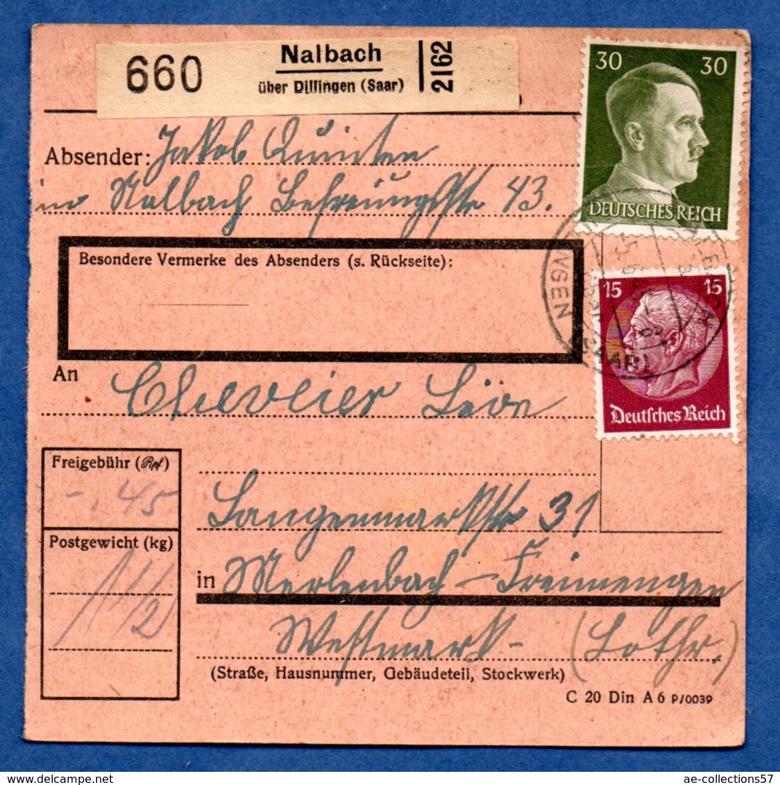 Colis Postal  --  Départ Nalbach  - 5/6/1943 - Lettres & Documents