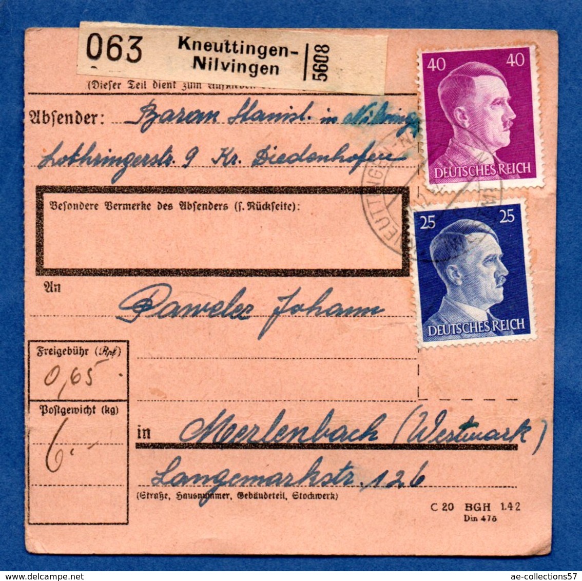 Colis Postal  --  Départ Kneuttingen-Nilvingen  ( Knuttange-Nilvange)  -- 4/12/1942 - Lettres & Documents