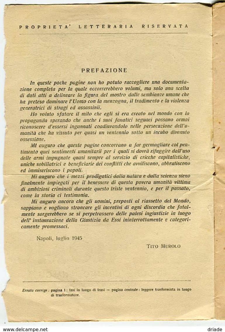 HITLER NEMICO DELL'UOMO TITO MUROLO EDIZIONE CIMENTO NAPOLI A CURA ASSOCIAZIONE NAZIONALE PARTIGIANI D'ITALIA 1945 - Oorlog 1939-45