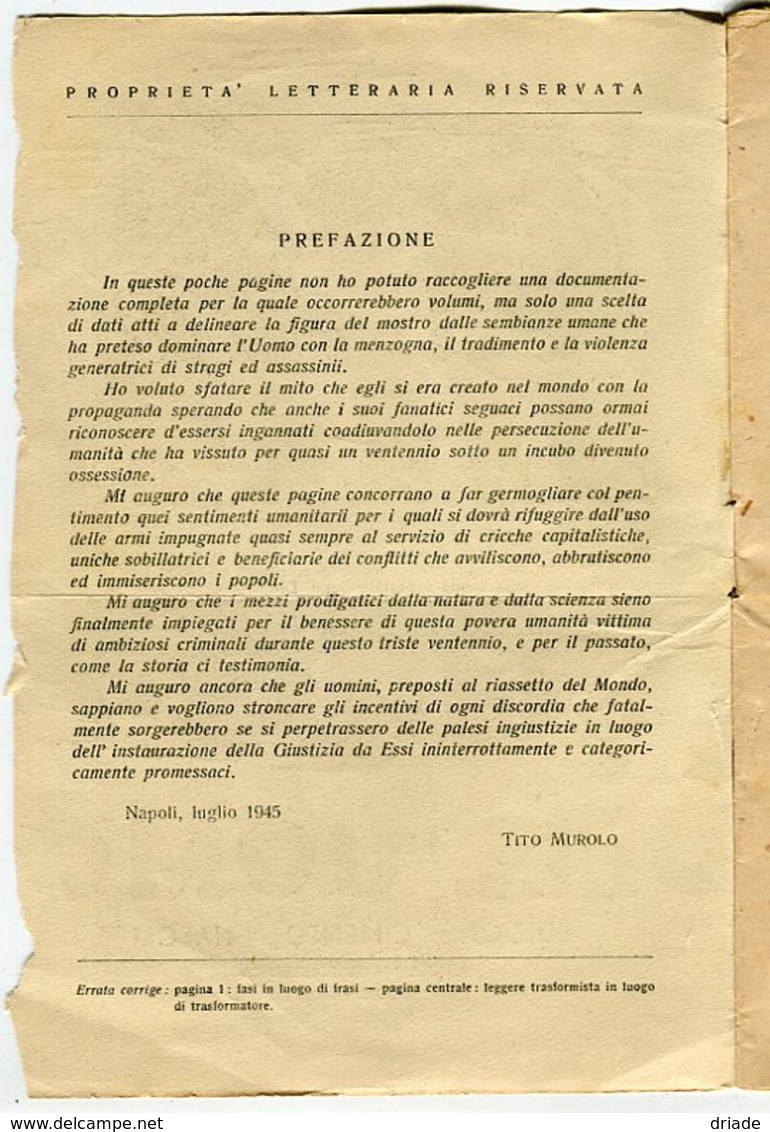 HITLER NEMICO DELL'UOMO TITO MUROLO EDIZIONE CIMENTO NAPOLI A CURA ASSOCIAZIONE NAZIONALE PARTIGIANI D'ITALIA 1945 - War 1939-45