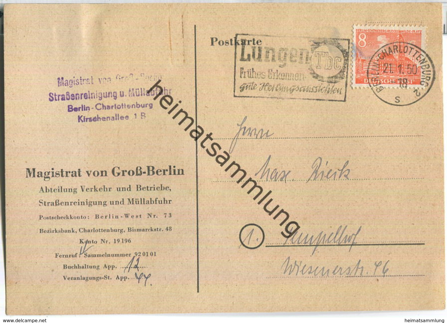 Ortskarte Berlin - 8 Pf. Bauten - Magistrat Von Groß-Berlin Am 21.Januar 1950 - Briefe U. Dokumente