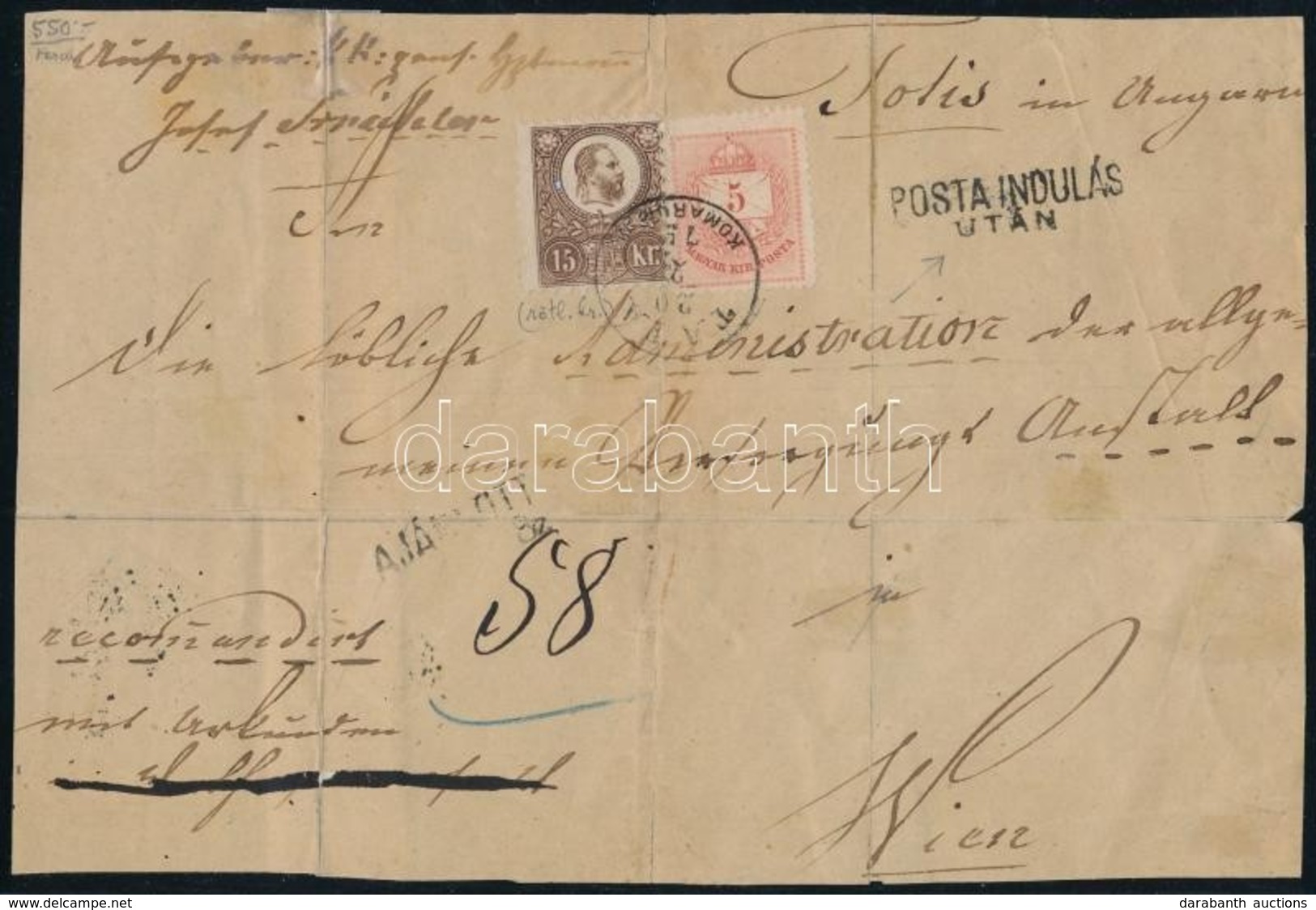 1871 Réznyomat 15kr + 1874 5kr Vegyes Bérmentesítés Ajánlott Levél El?lapon 'TATA KOMÁROM M' - Wien - Other & Unclassified