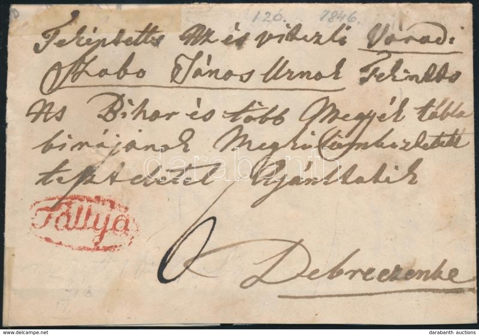 Ca 1840 Portós Levél / Cover With Postage Due, Piros / Red 'Tállya' - Debrecen - Autres & Non Classés