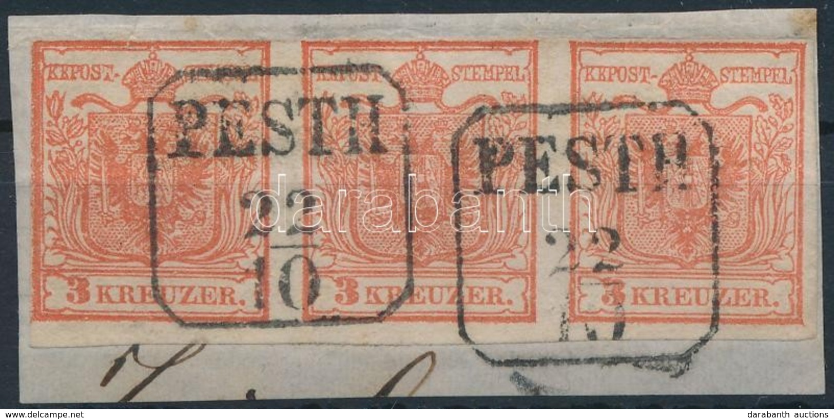 1850 3kr HP I. Lemezhibás Hármascsík / Stripe Of 3 With Plate Flaw 'PESTH' - Andere & Zonder Classificatie