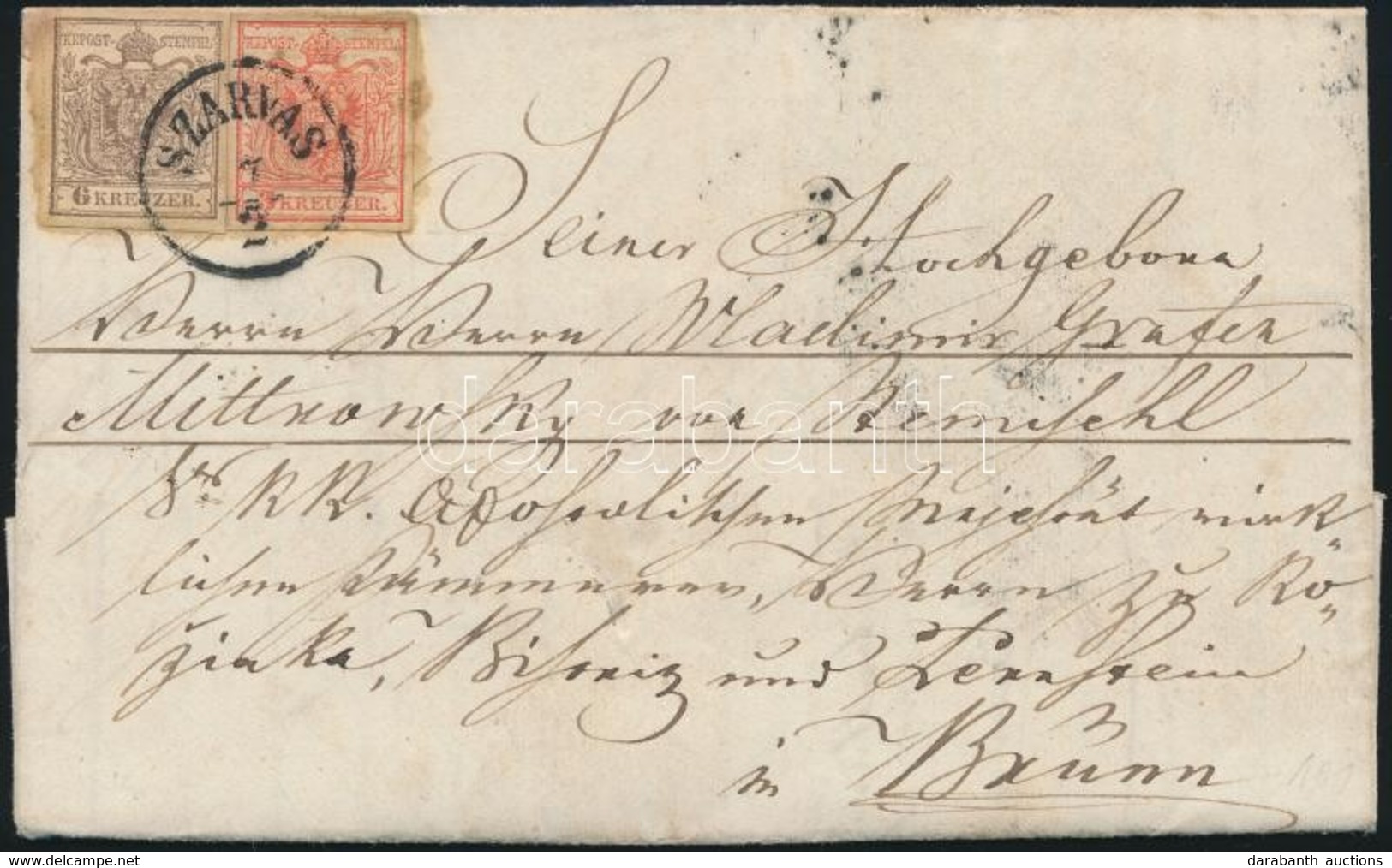 1854 3kr + 6kr Levélen / On Cover 'SZARVAS' - 'PESTH' - 'BRÜNN' - Altri & Non Classificati