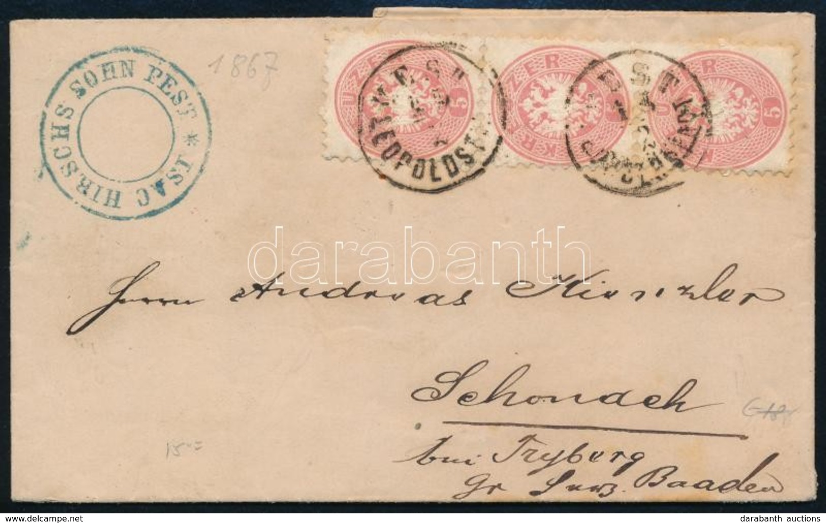 1867 5kr Függ?leges Hármascsík Levélen / Stripe Of 3 On Cover 'PEST / LEOPOLDSTADT' - Autres & Non Classés