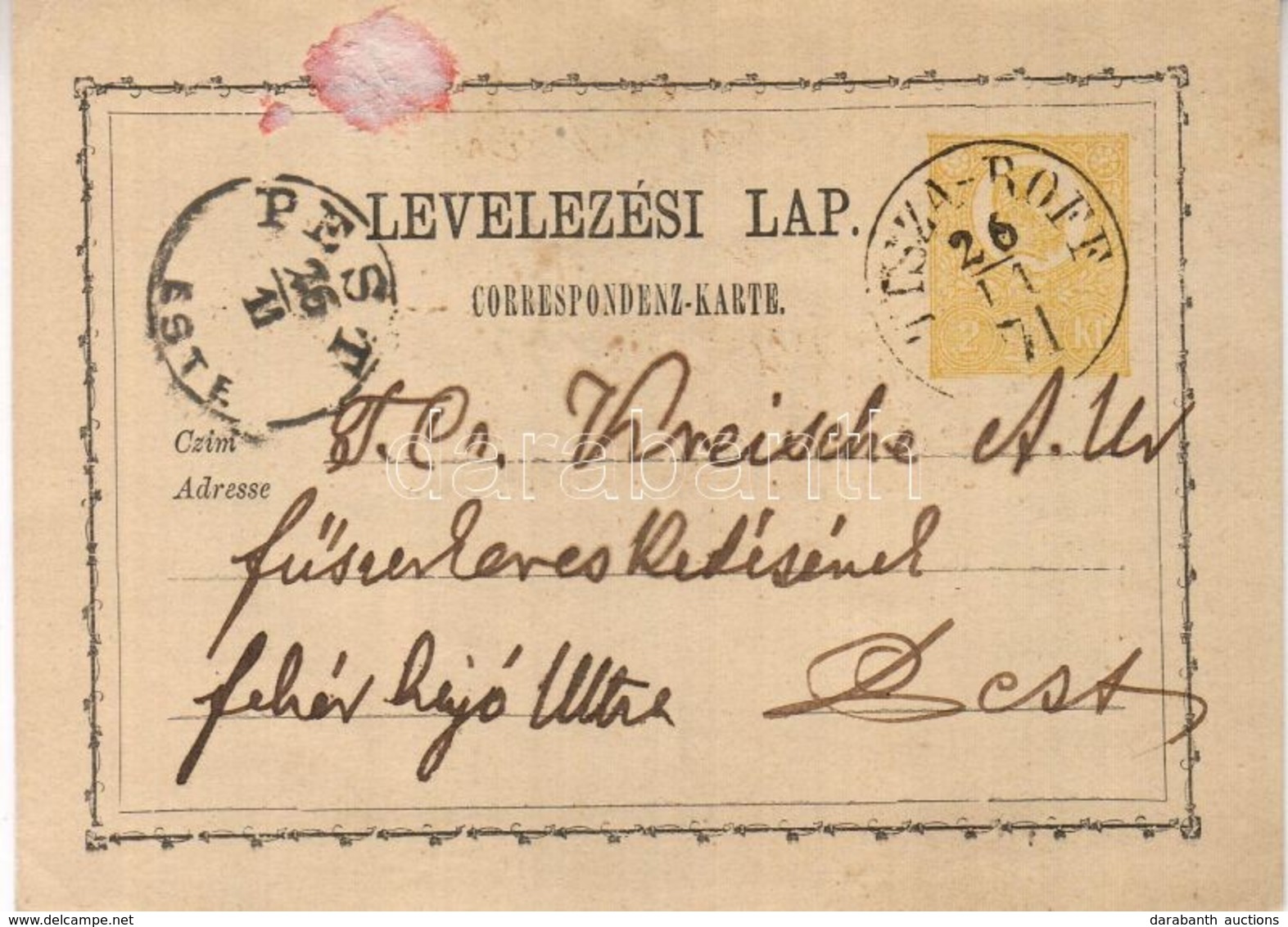 1871 2kr Díjjegyes Levelez?lap / PS-card 'TISZA-ROFF'-Pest - Autres & Non Classés