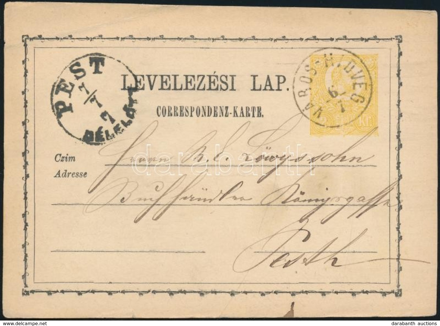 1871 2kr Díjjegyes Levelez?lap / PS-card 'VÁROS-HIDVÉG' - 'PEST/DÉL EL?TT' - Autres & Non Classés