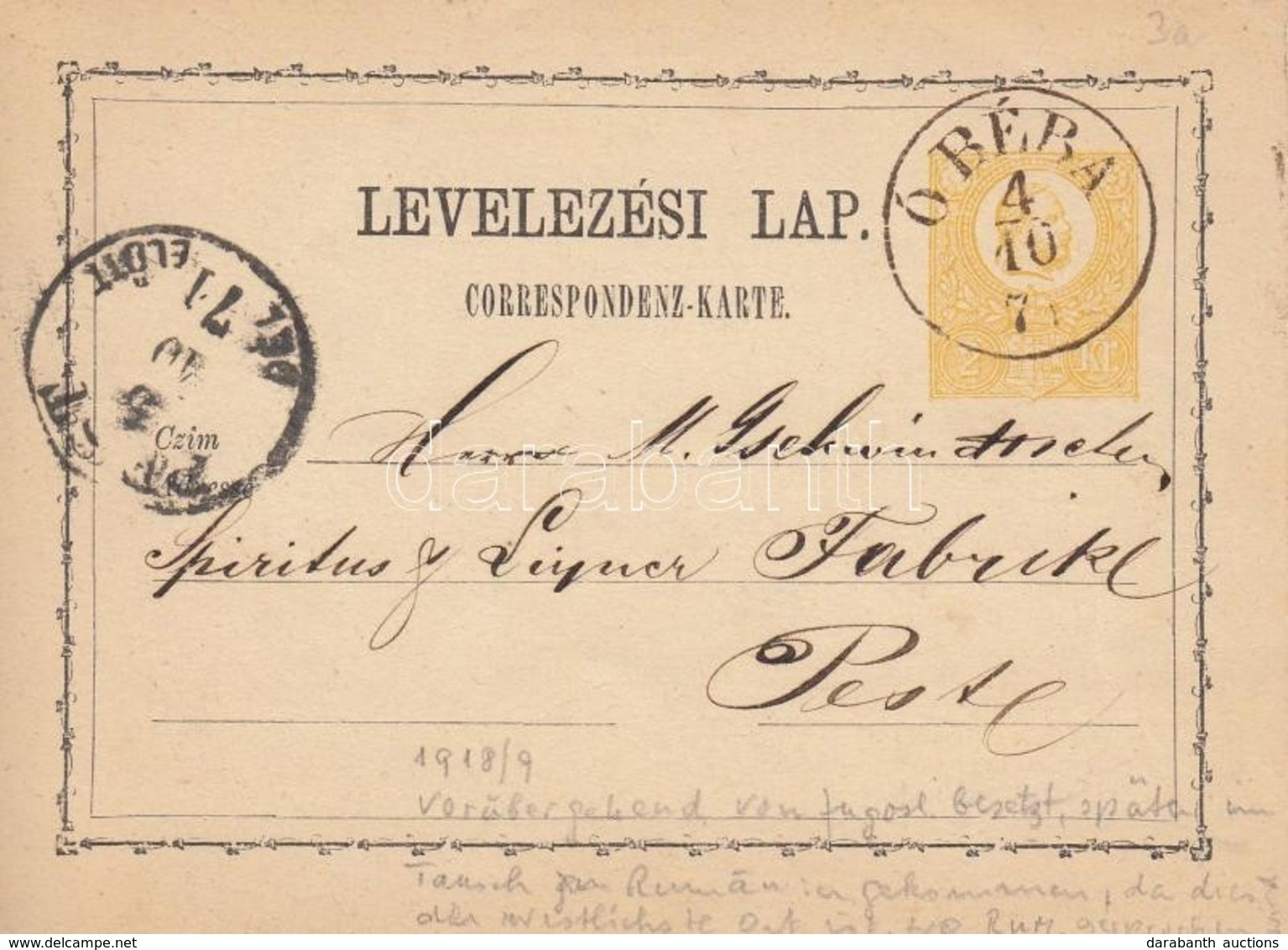 1871 Díjjegyes Levelez?lap / PS-card 'Ó BÉBA' - 'PEST' - Altri & Non Classificati