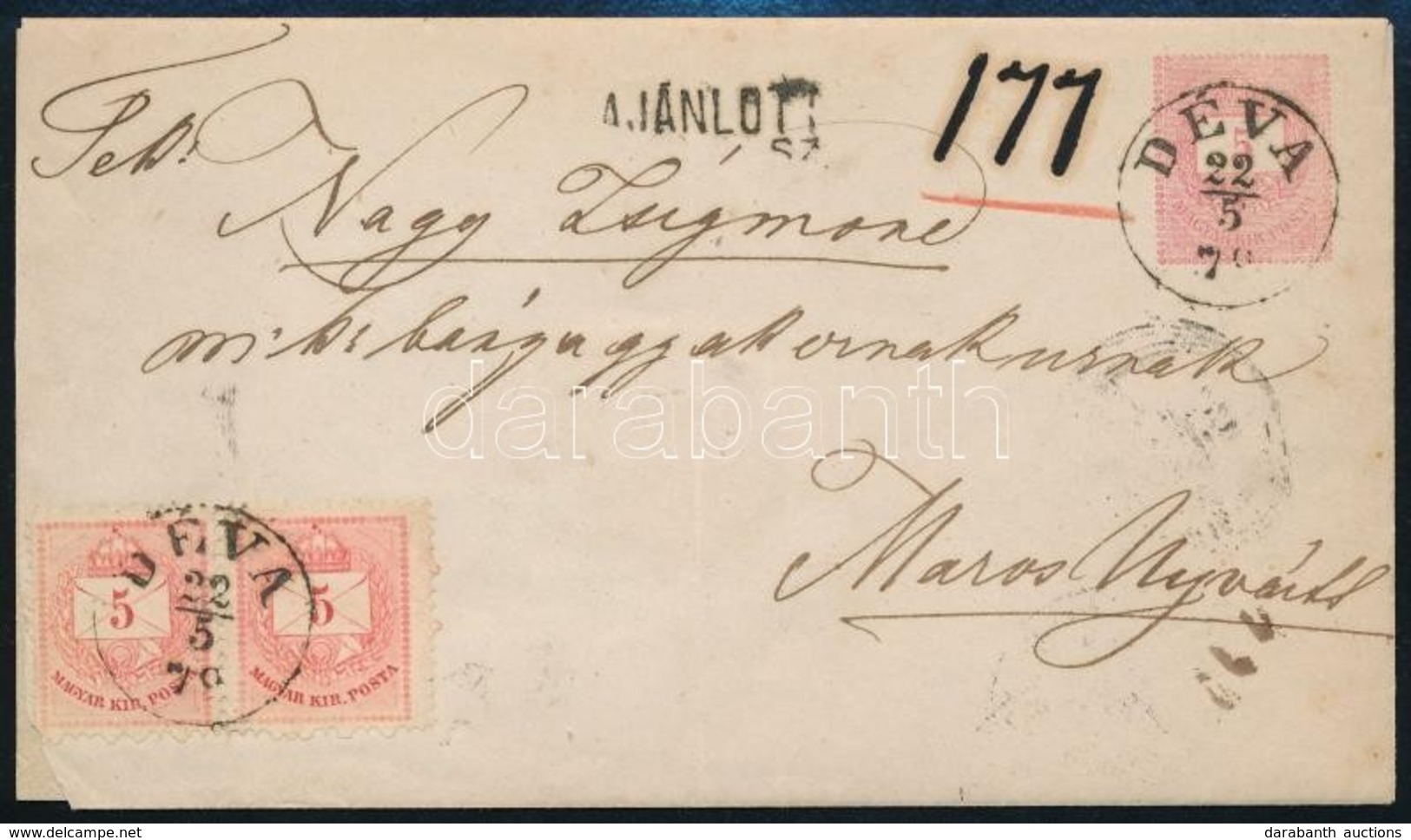 1878 5kr Ajánlott Díjjegyes Boríték 2 X 5kr Díjkiegészítéssel 'DÉVA' - Marosújvár - Other & Unclassified