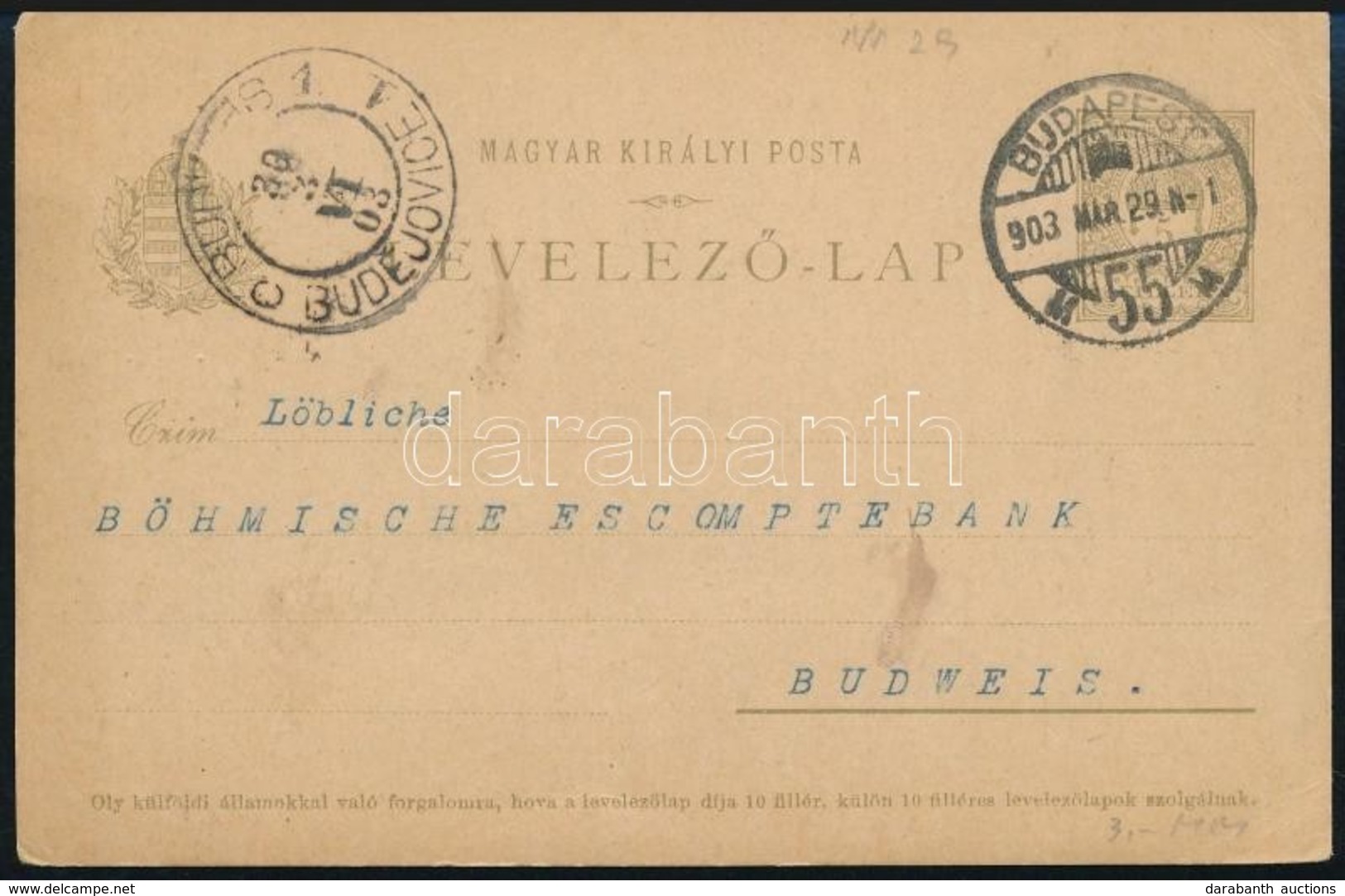 1903 Turul 5f Levelez?lap ,,BUDAPEST' - ,,BUDWEIS' - Altri & Non Classificati