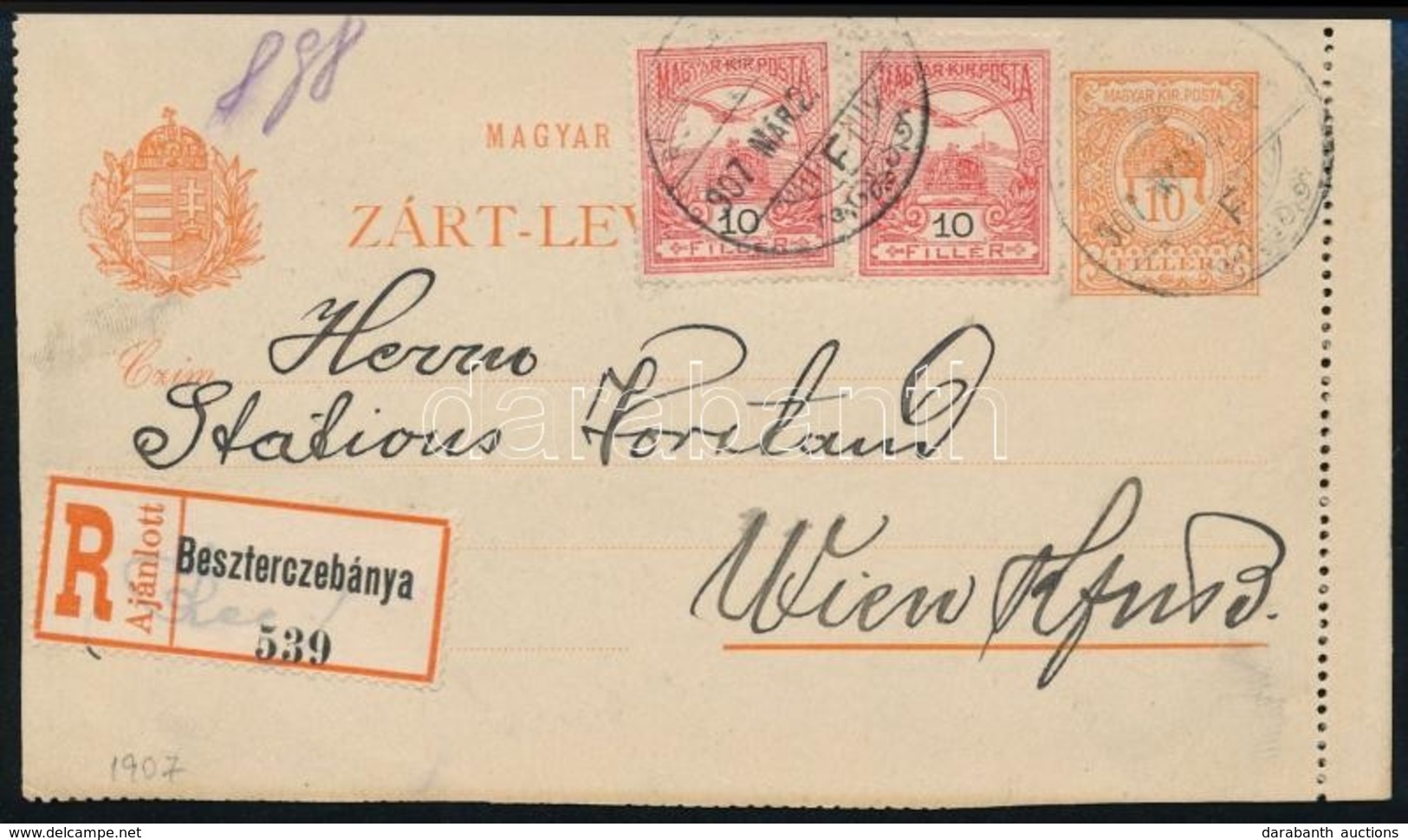 1907 35f Díjjegyes Zárt Levelez?lap ,,BESZTERCZEBÁNYA' - ,,WIEN' - Other & Unclassified