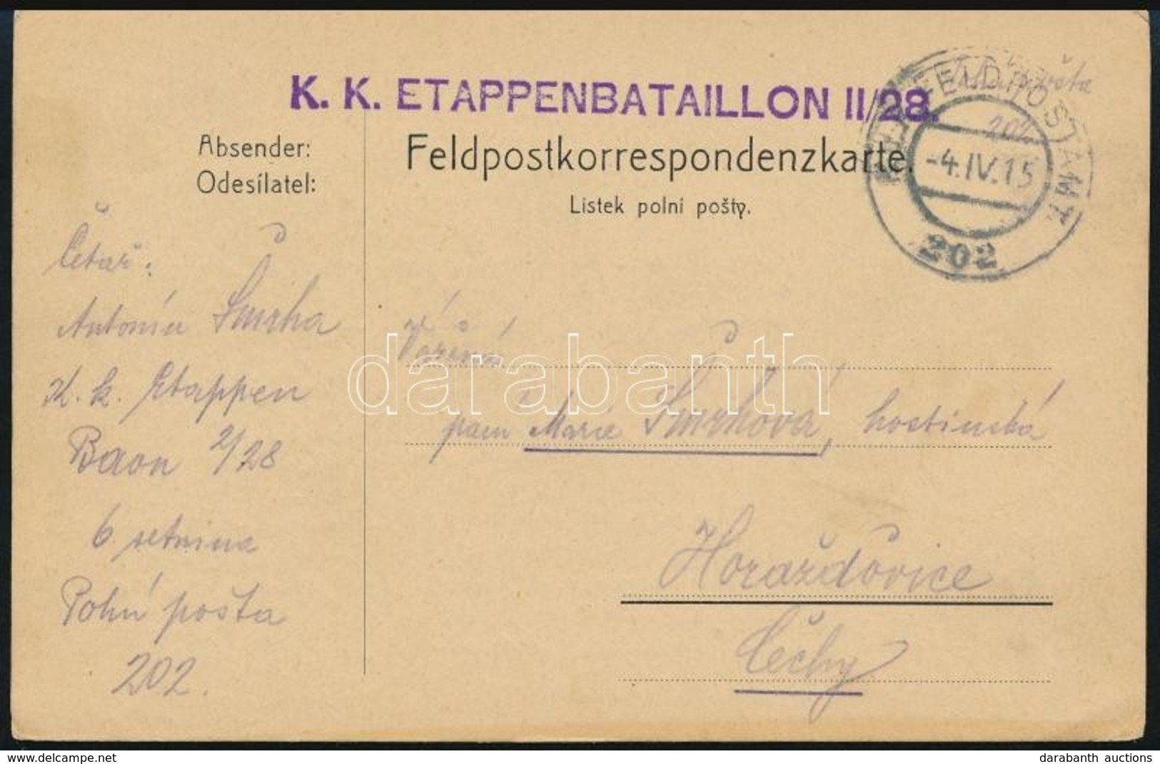 1915 Tábori Posta Levelez?lap 'K.K. ETAPPENBATAILLON II/28' + 'FP 202' - Sonstige & Ohne Zuordnung