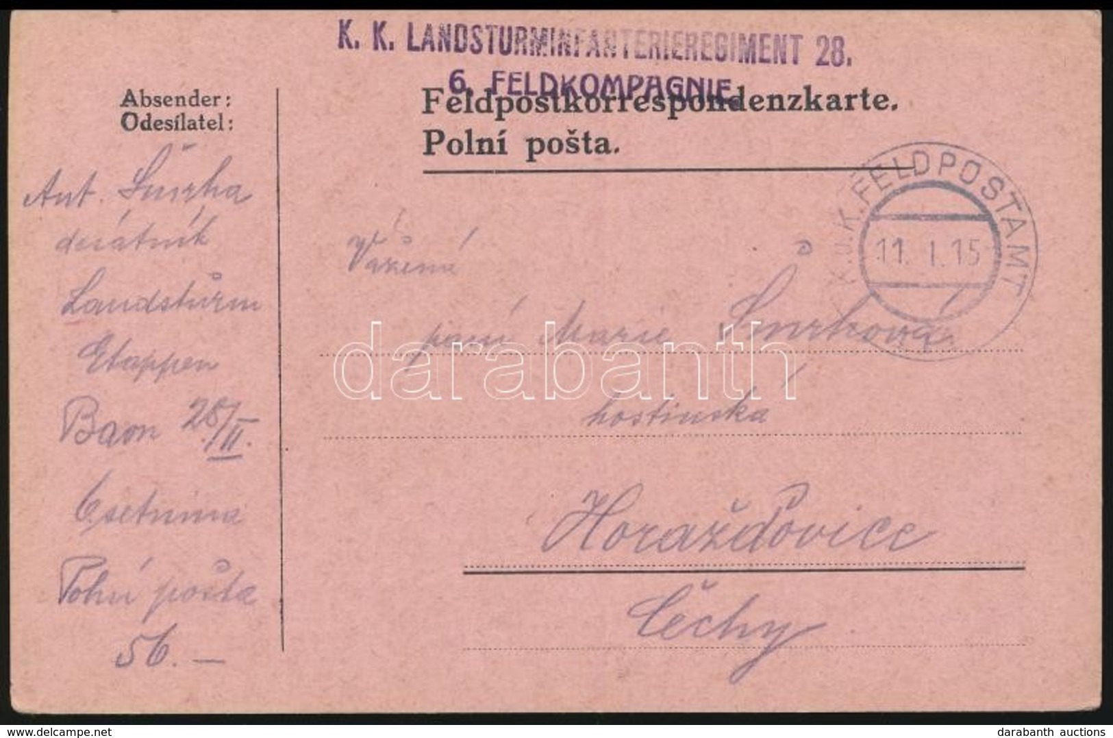 1915 Tábori Posta Levelez?lap 'K.K. LANDSTURMINFANTERIEREGIMENT 28. 6. FELDKOMPAGNIE' + 'FP 114' - Andere & Zonder Classificatie