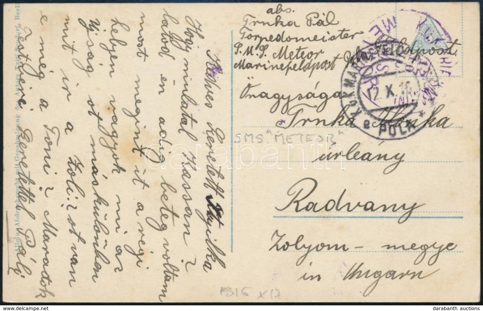 1916 Tábori Képeslap Hadihajó Postával 'S.M.S. METEOR' - Sonstige & Ohne Zuordnung