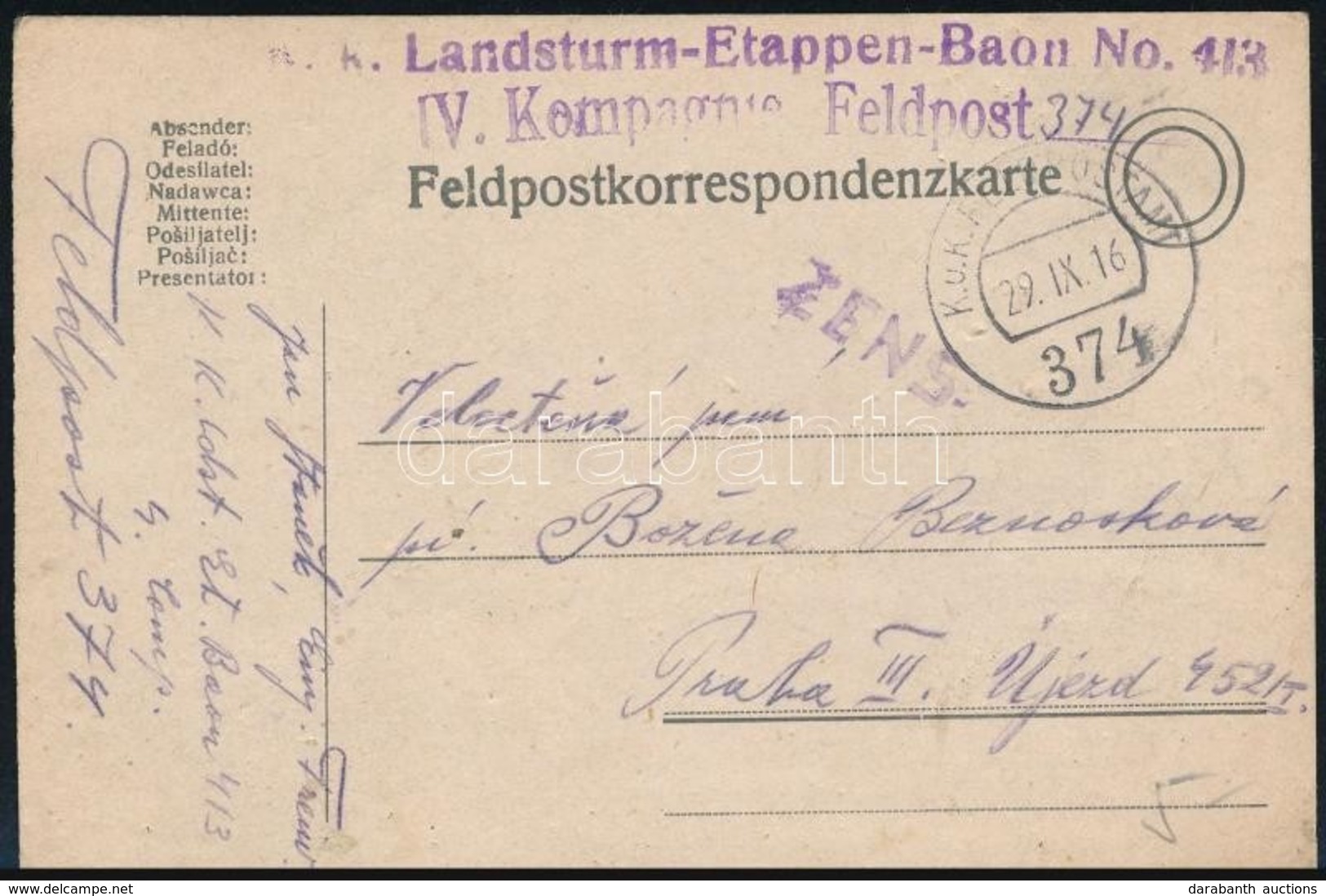 1916 Tábori Posta Levelez?lap 'K.k. Landsturm-Etappen-Baon No.413 IV. Kompagnie' + 'FP 374' - Andere & Zonder Classificatie