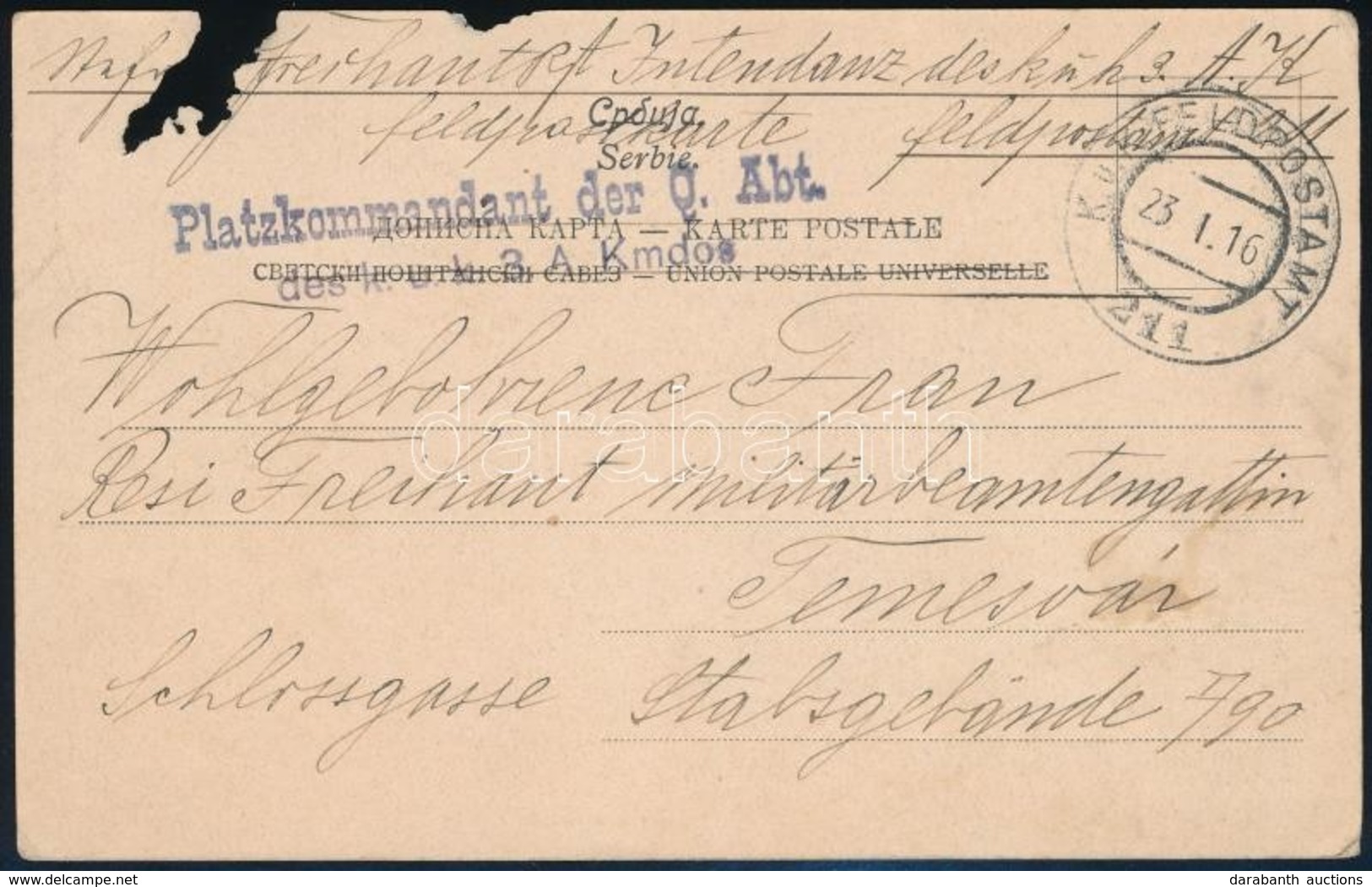 1916 Tábori Posta Képeslap / Field Postcard 'Platzkommandant Der O. Abt. Des K.u.k. 3. A. Kmdos' + 'FP 211' - Andere & Zonder Classificatie