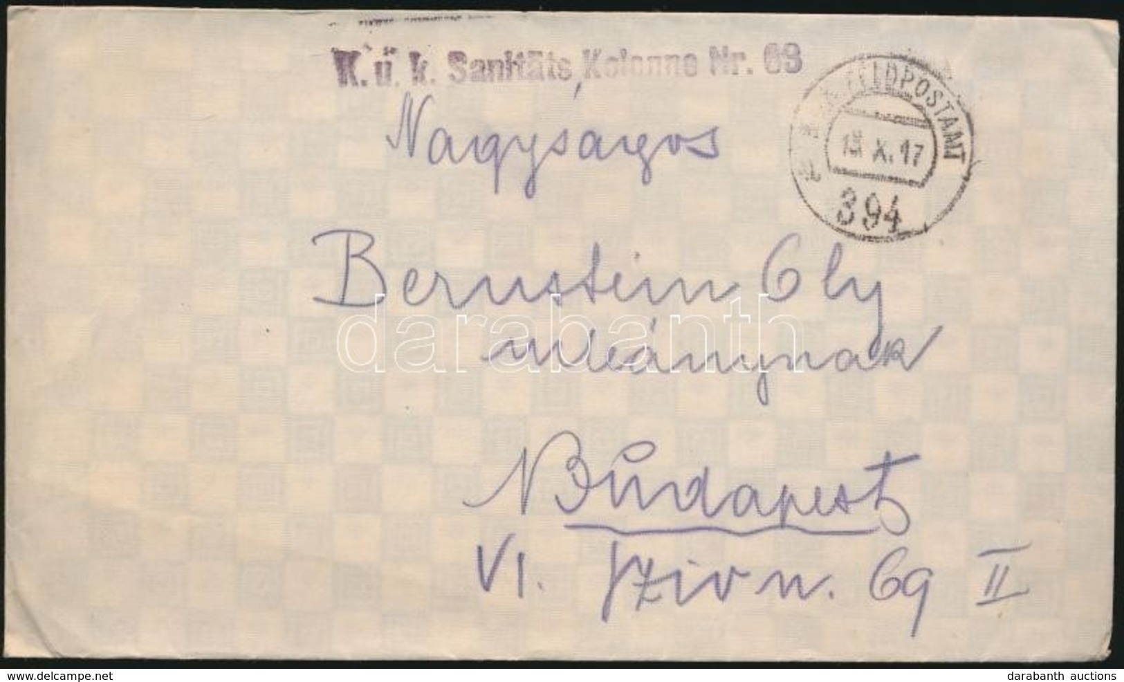 1917 Tábori Posta Levél 'K.u.k. Sanitäts Kolonne Nr. 63.' + 'FP 394 A' - Andere & Zonder Classificatie