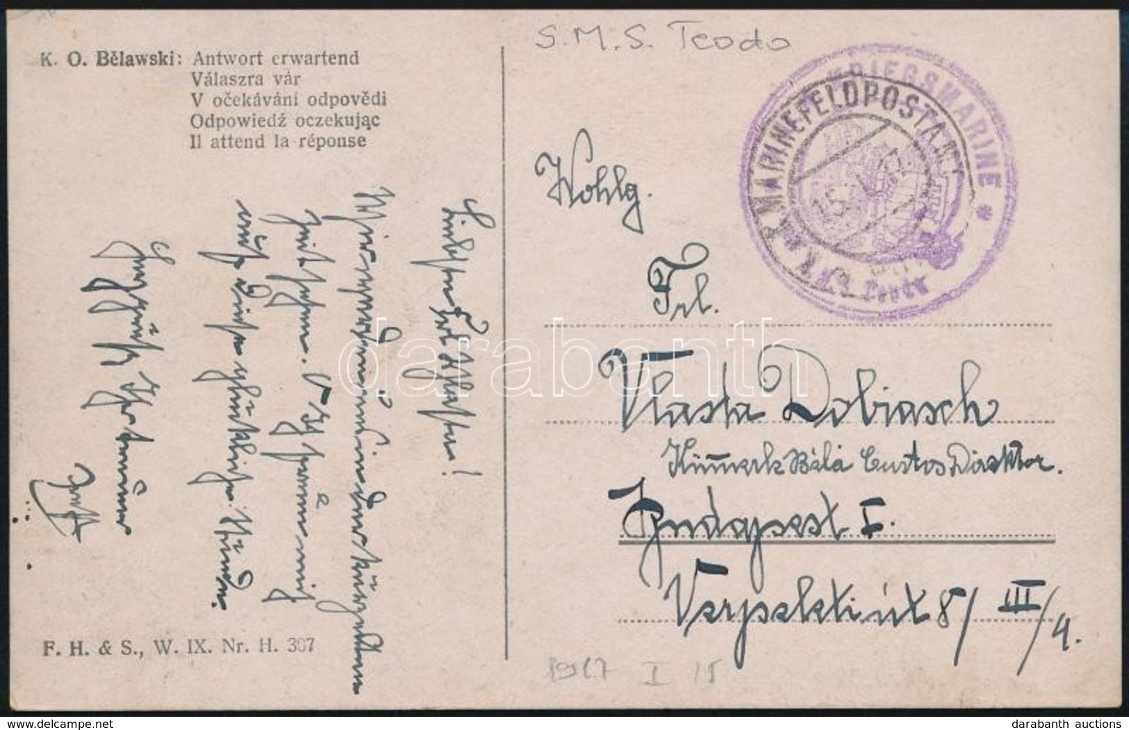 1917 Tábori Képeslap Hadihajó Postával 'S.M.S. Teodo' - Andere & Zonder Classificatie