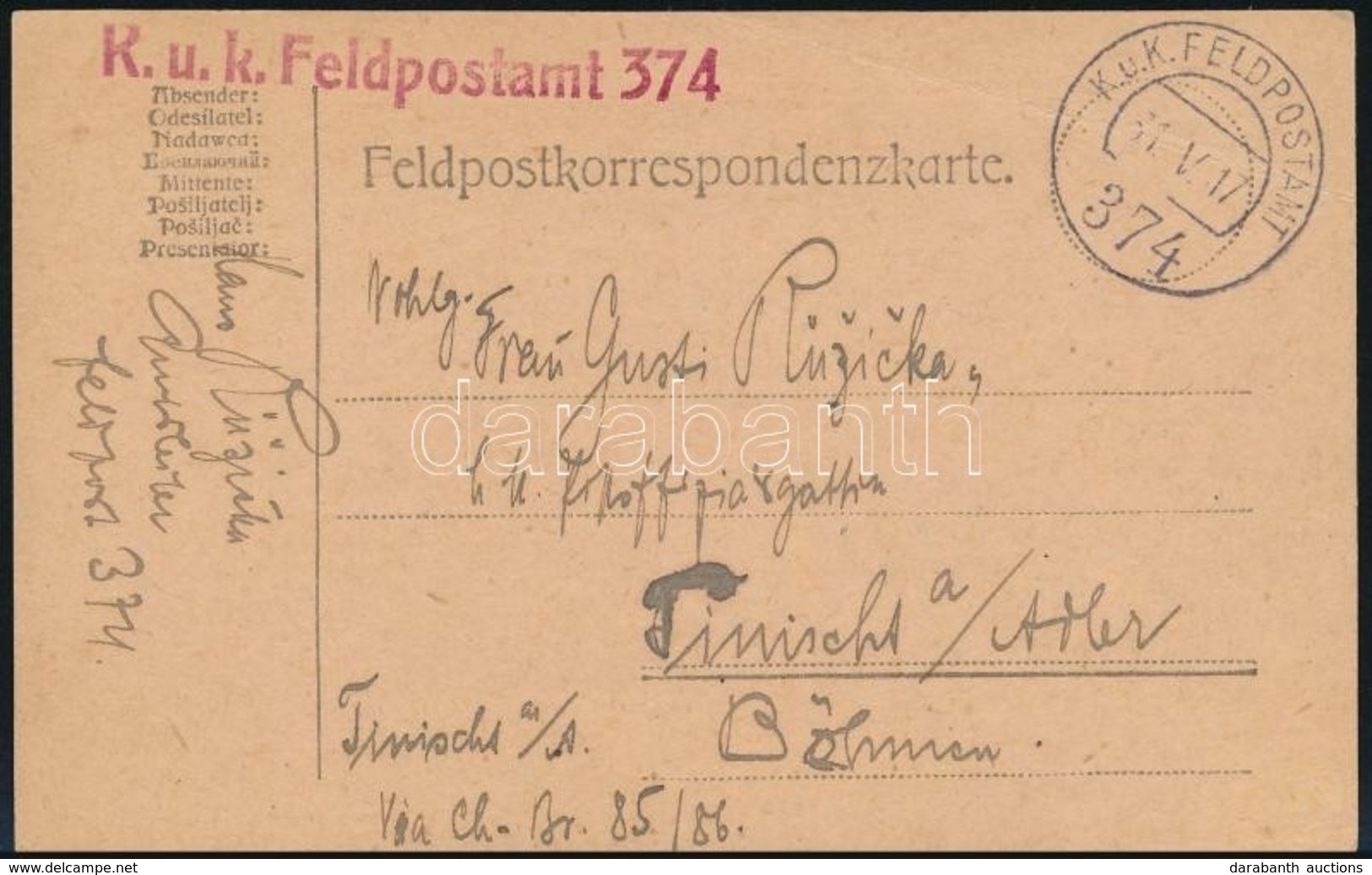 1917 Tábori Posta Levelez?lap 'K.u.k. Feldpostamt 374' - Andere & Zonder Classificatie