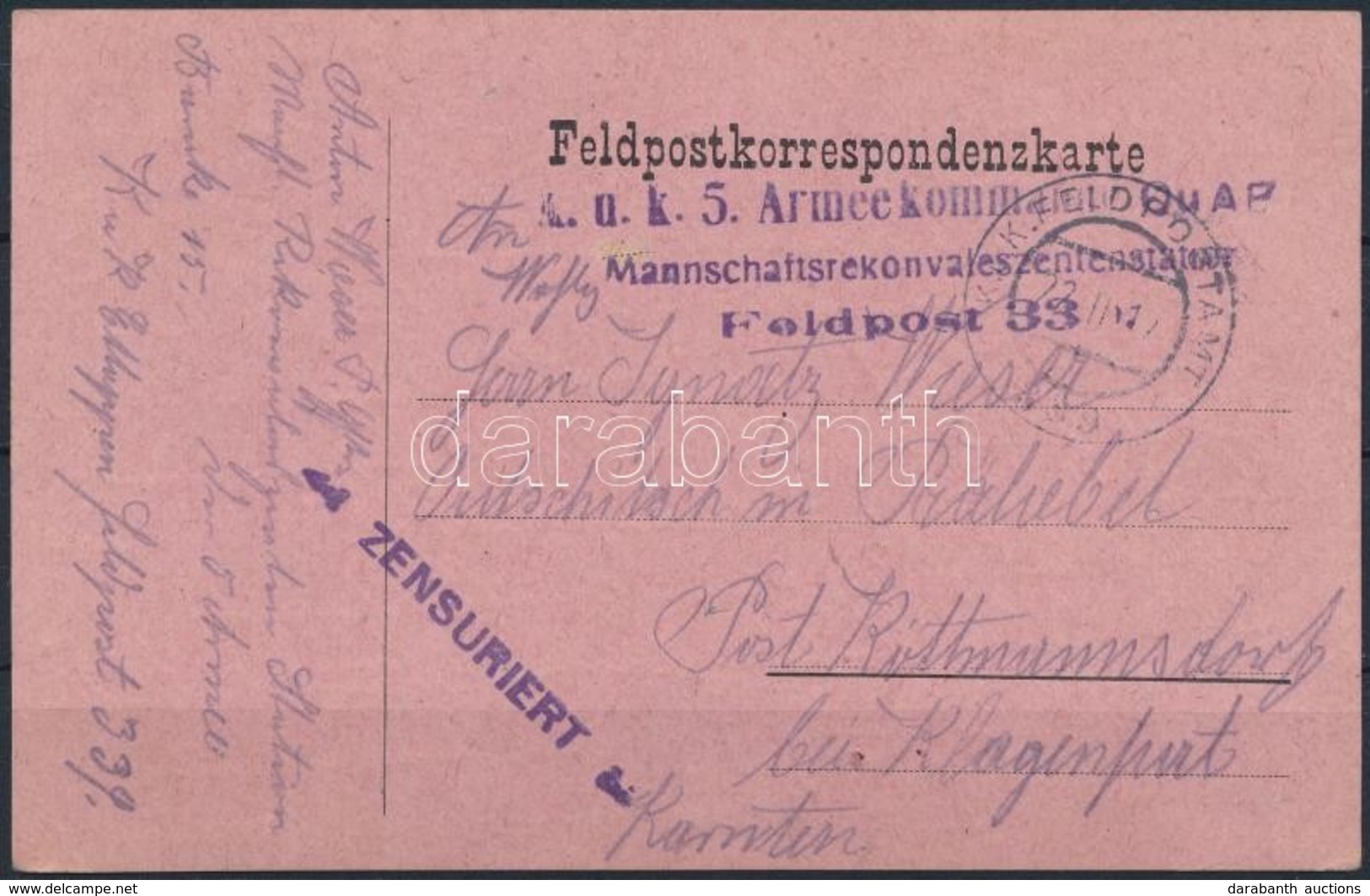 1917 Tábori Posta Levelez?lap / Field Postcard 'K.u.k. 5. Armeekommando Mannschaftsrekonvaleszentenstation' + 'FP 339' - Autres & Non Classés