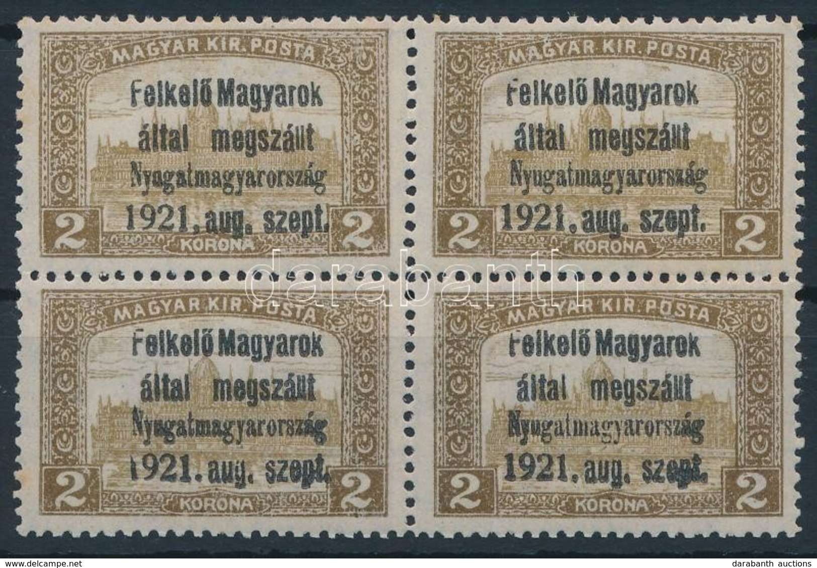 ** Nyugat-Magyarország I. 1921 Parlament 2K Négyestömb Bodor Vizsgálójellel (18.000) (kis Rozsda / Small Stain) - Andere & Zonder Classificatie