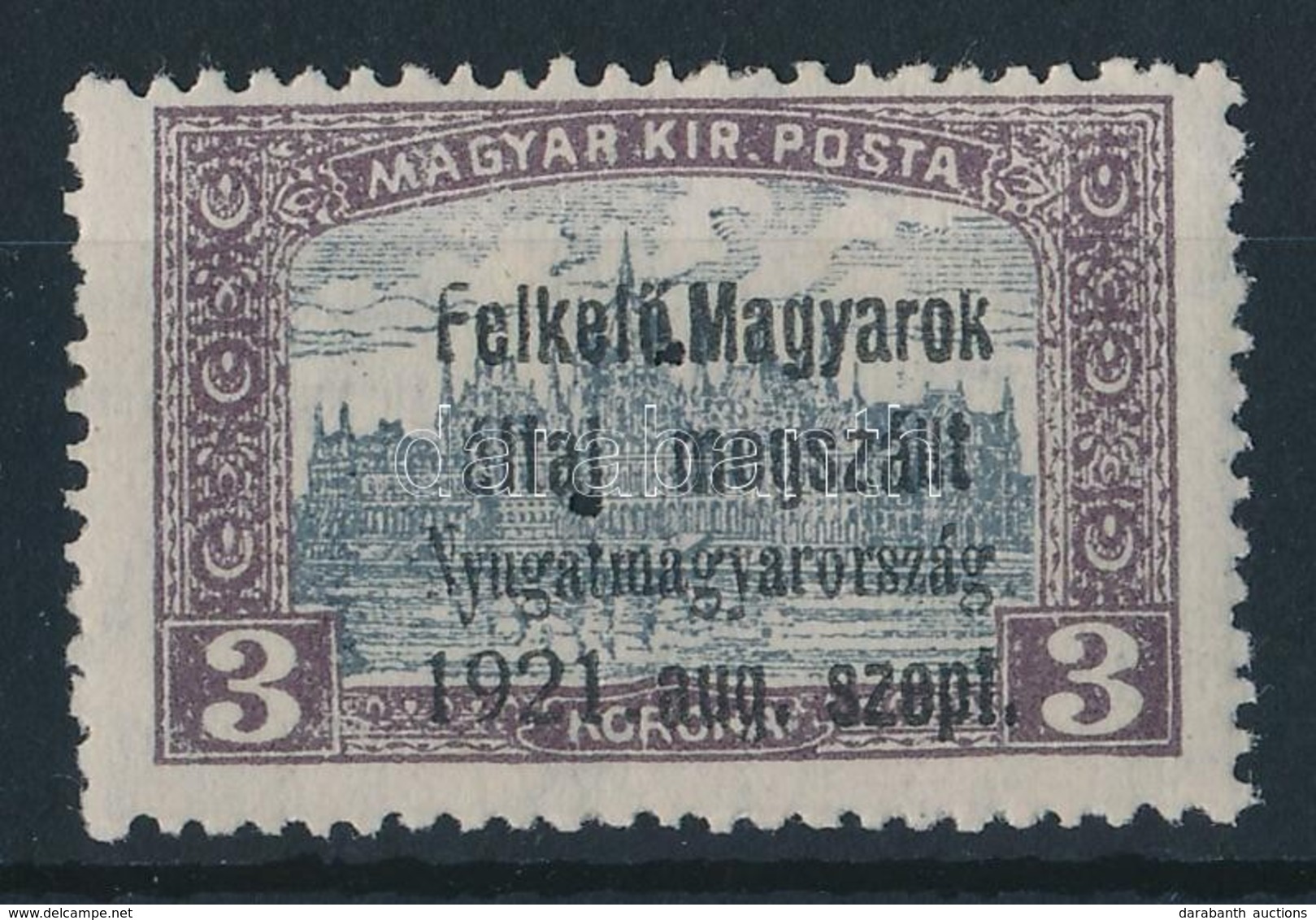 * Nyugat-Magyarország I. 1921 Parlament 3K Hármaslyukasztással, Bodor Vizsgálójellel (15.000) - Autres & Non Classés