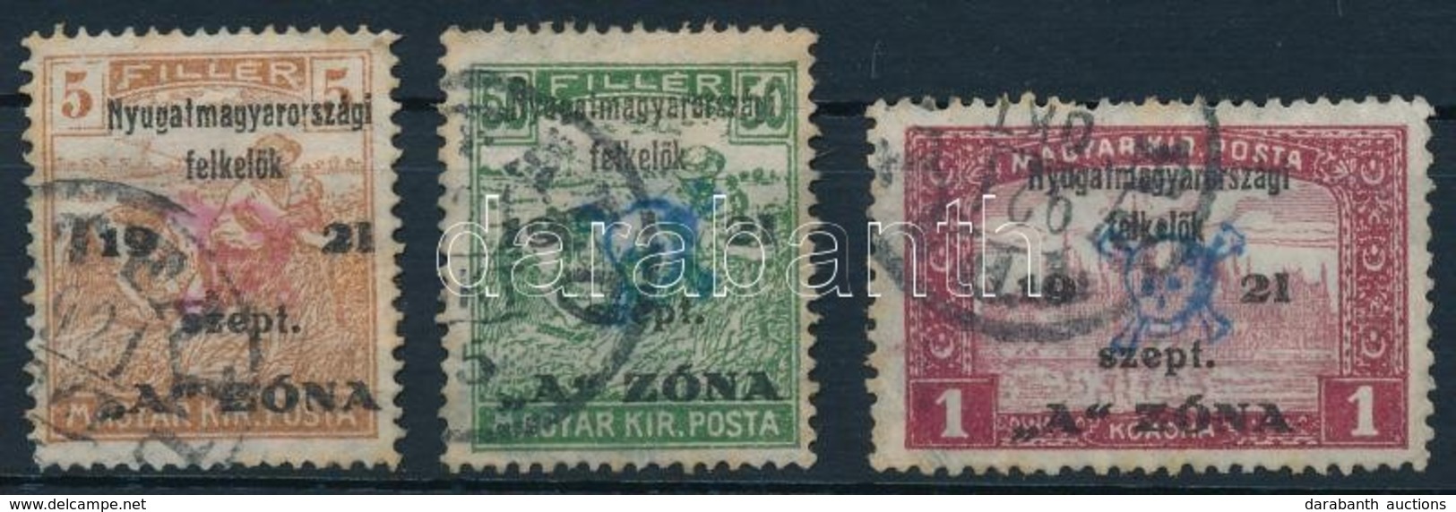 O Nyugat-Magyarország II. 1921 Arató 5f, 50f és Parlament 1K Bodor Vizsgálójellel (21.000) - Sonstige & Ohne Zuordnung