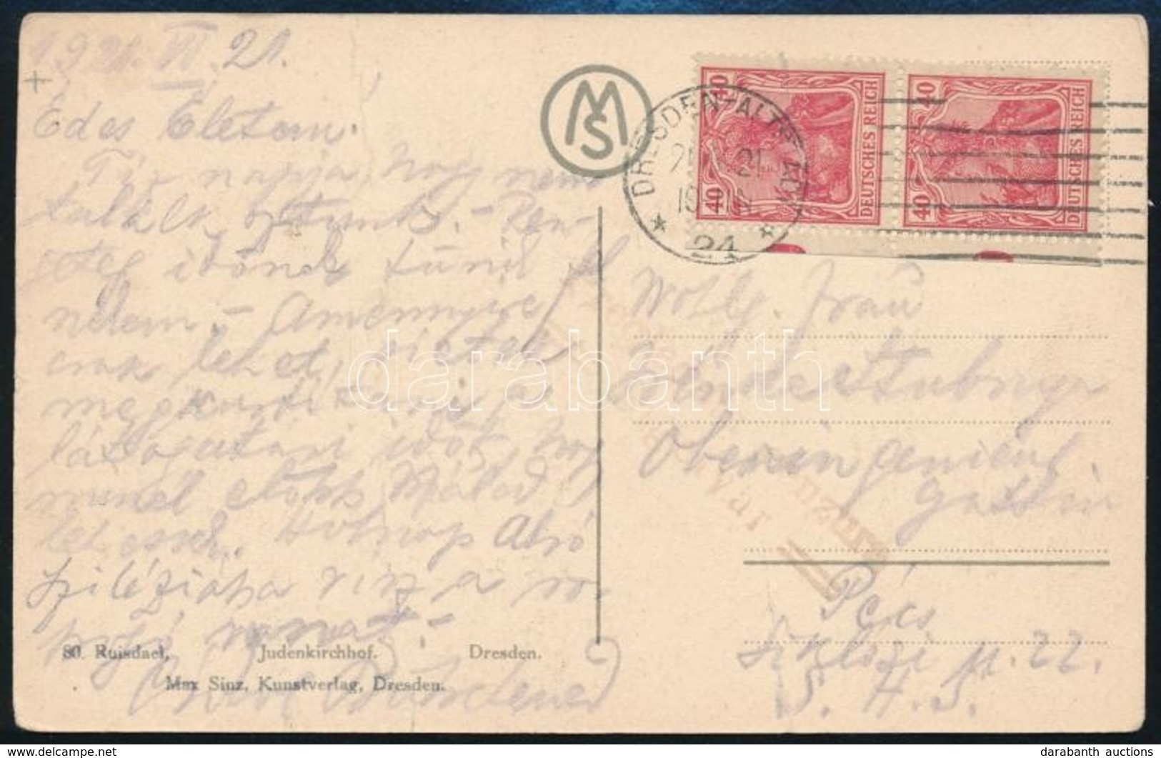 1921 Képeslap Németországból Pécsre Szigetvári Szerb Cenzúrával / Postcard From Germany To Pécs With Serbian Censorship  - Autres & Non Classés