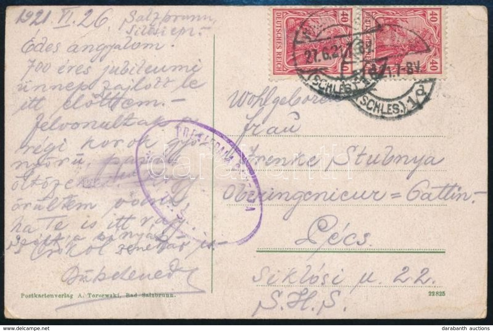1921 Képeslap Németországból Pécsre Bátaszéki Szerb Cenzúrával / Postcard From Germany To Pécs With Serbian Censorship M - Sonstige & Ohne Zuordnung