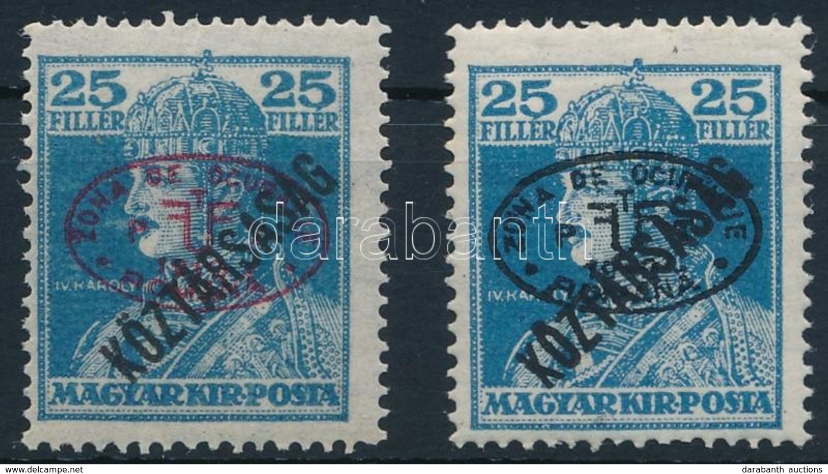 ** Debrecen I. 1919 2 Db Károly/Köztársaság 25f Piros és Fekete Felülnyomással, Garancia Nélkül (**10.500) - Andere & Zonder Classificatie