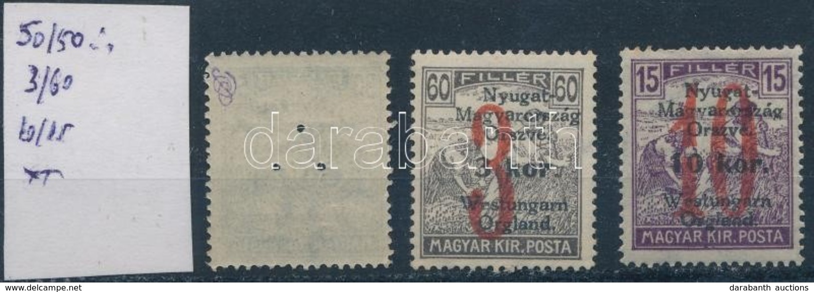 ** Nyugat-Magyarország VI. 1921 3 érték, Az 50f Hármaslyukasztással - Autres & Non Classés