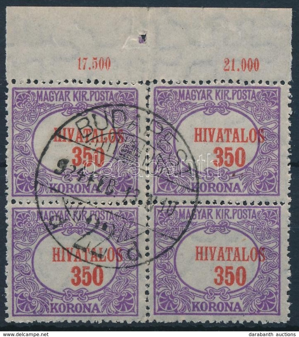 O 1921 Hivatalos 350K ívszéli Négyestömb Eltolódott értékjelzéssel / Official Mi 24 Margin Block Of 4 With Shifted Red C - Andere & Zonder Classificatie