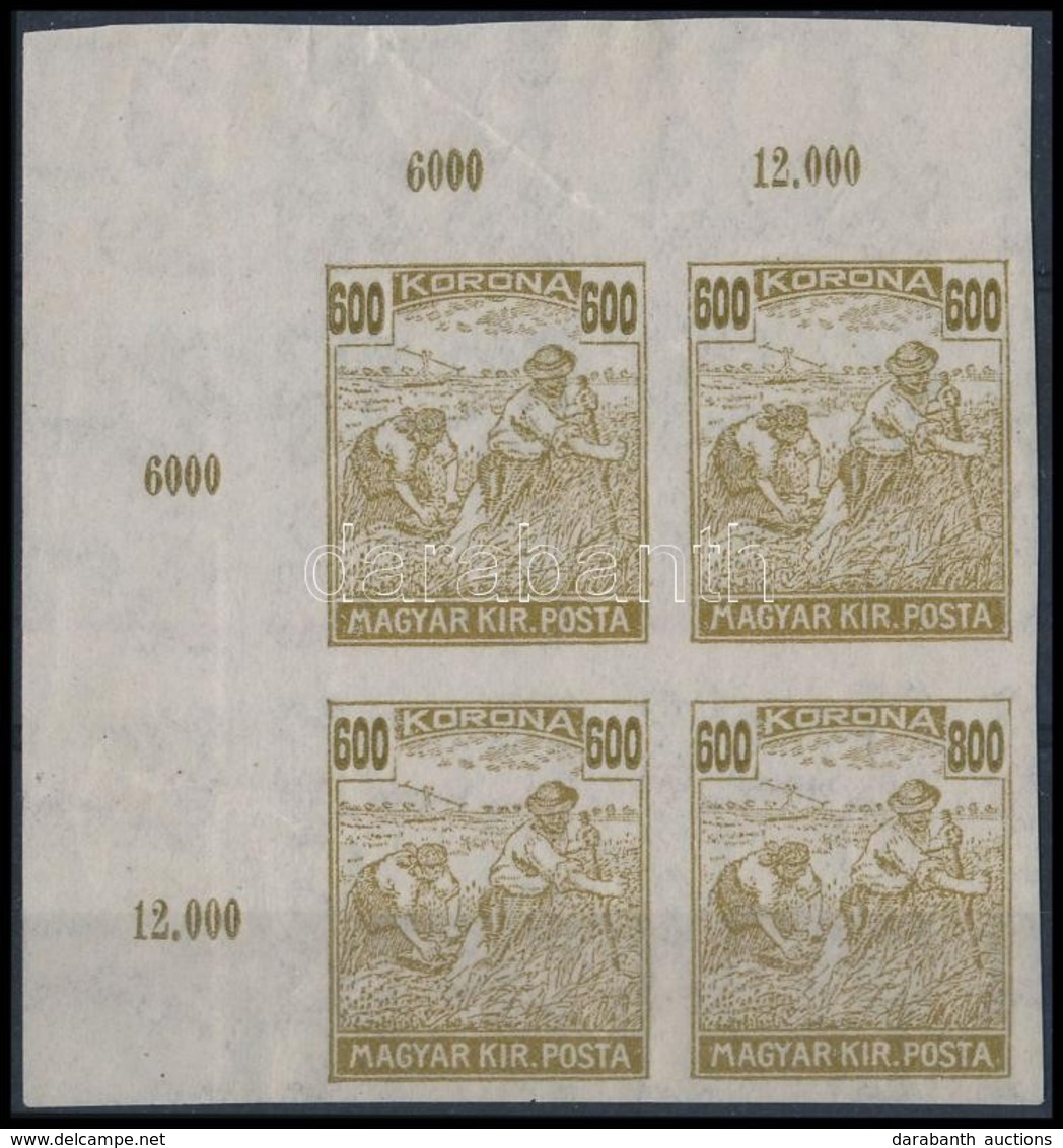 ** 1924 Arató-Parlament 600K Vágott!! ívsarki Négyestömb, Benne Tévnyomat '600/800K' / Mi 395 Imperforate Corner Block O - Andere & Zonder Classificatie