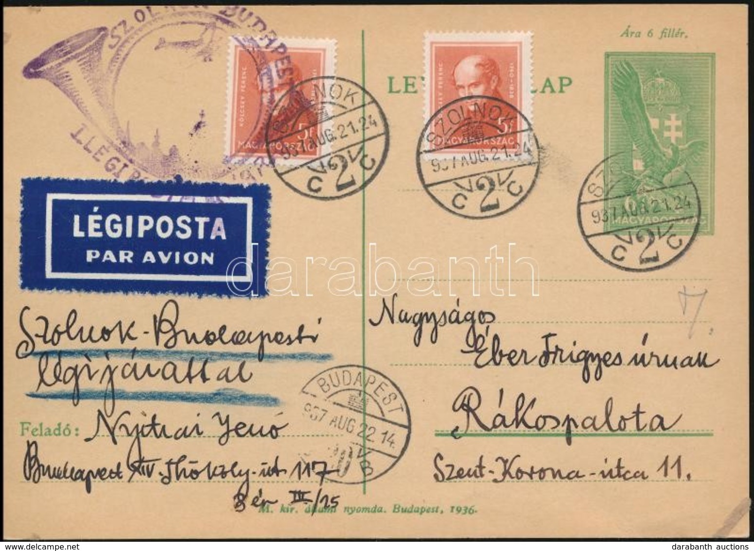 1937 Légi Díjjegyes Levelez?lap 2 X 5f Díjkiegészítéssel / Airmail Cover With Additional Franking 'SZOLNOK' - Other & Unclassified